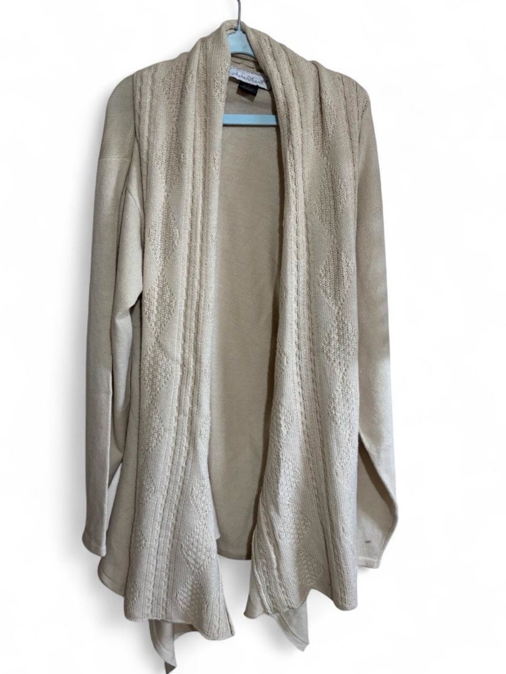 Cream L cardigan with textured knit pattern,